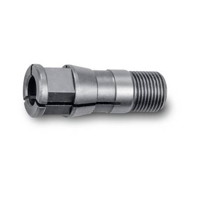 Metal collet with cylindrical shape and knurled thread, used for precise clamping in mechanical tools.