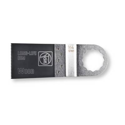In the picture, there is a saw blade for wood, with the inscription 'LONG-LIFE BIM Wood'. It has a serrated edge.