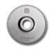 Metal saw blade with teeth, manufacturer's logo printed on it. Central hole for attachment.
