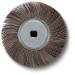 A circular grinding wheel with bristles for surface treatment, primarily used in metalworking.