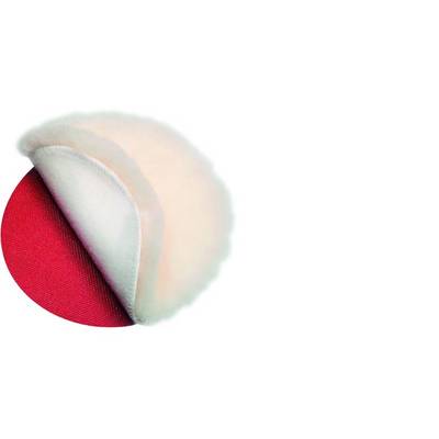 A soft, round pad with a red background, likely made of a fluffy material, slightly angled.