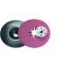 'Two grinding wheels, one grey and one pink with an image of a ladybird, overlap. Tool accessory for craftwork.'