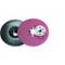 'Two grinding wheels, one grey and one pink with an image of a ladybird, overlap. Tool accessory for craftwork.'