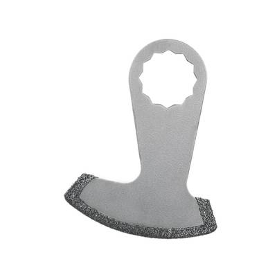 A oscillating blade with a circular opening at the top and a rounded cutting edge, suitable for cutting or grinding.
