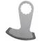 An oscillating saw blade with a semi-circular shape and serrated cutting edge, used for precision cuts in materials.