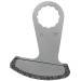 'Oscillating saw blade with curved edge and serrated border, suitable for fine work and cuts on hard materials.'