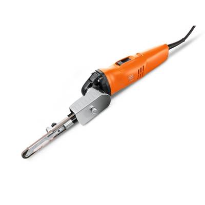 An orange electrical belt sander with a narrow sanding belt, suitable for precision work in confined spaces.