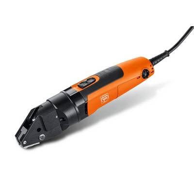 An electric cutting tool with an orange handle and black cutting head. Suitable for precise cuts in materials.