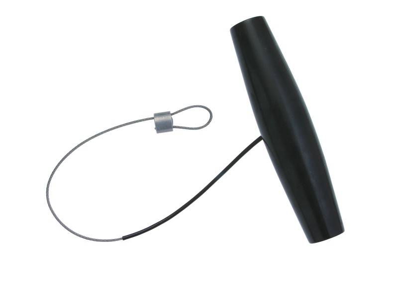 A black conical rotary catch with a metal loop.