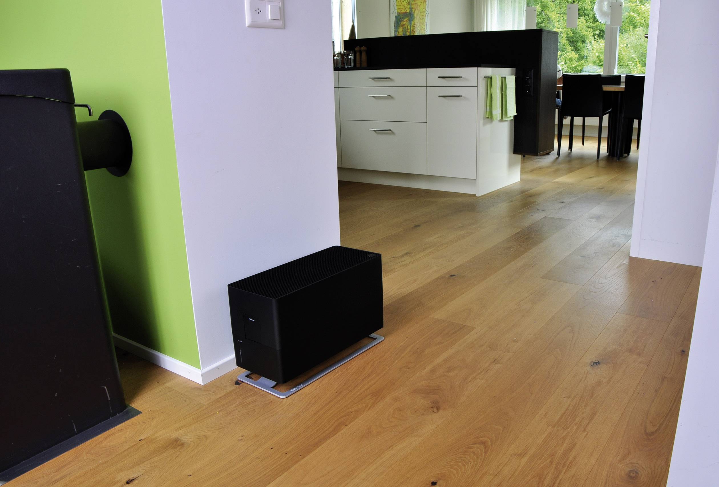 A black radiator on a wooden floor in a modern room with white walls and a green accent wall. A kitchen is visible on the right.