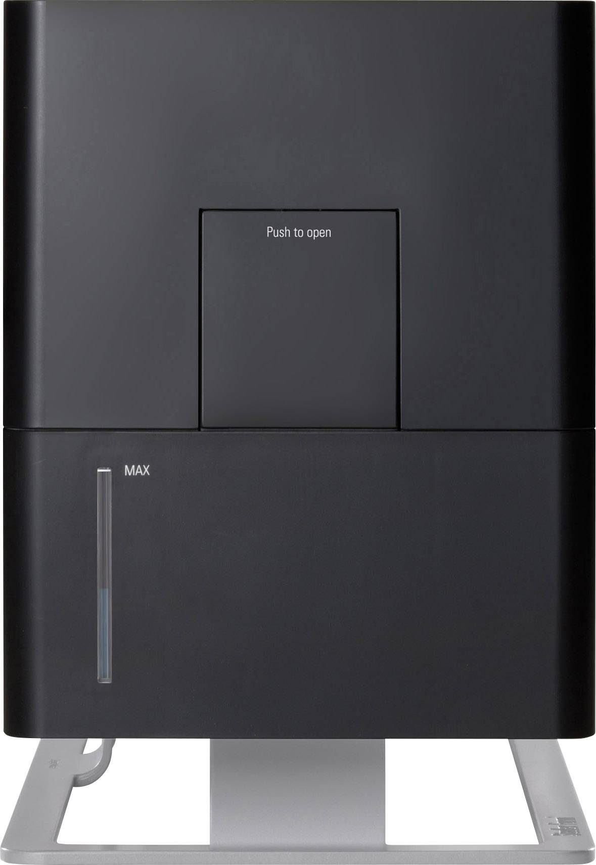 Black, rectangular device with a door and label 'Push to open'. Level indicator for maximum capacity on the side.