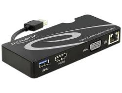 A black USB 3.0 multi-adapter with ports for VGA, HDMI, USB and Ethernet. The adapter is branded 'DELOCK'.