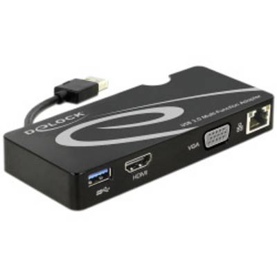 A black USB 3.0 multi-adapter with ports for VGA, HDMI, USB and Ethernet. The adapter is branded 'DELOCK'.