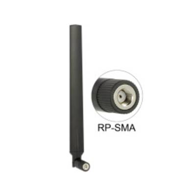 A black antenna with an RP-SMA connector is shown. A close-up of the connector is depicted to the right.