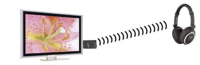 'A television transmits an audio signal wirelessly to headphones.'