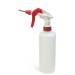 A white spray bottle with a red trigger handle and a long, thin nozzle, standing upright.