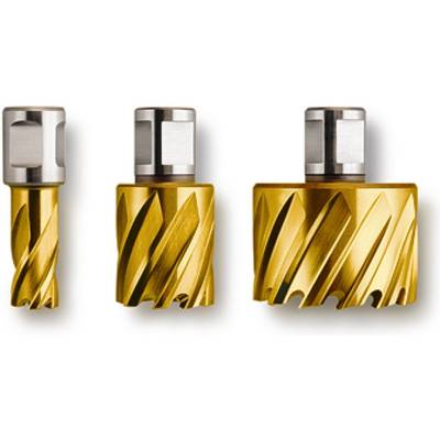 Three metal drill mills of varying sizes with a golden coating. They feature a spiral cutting design.