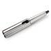 Metal fountain pen with open lid, positioned sideways.