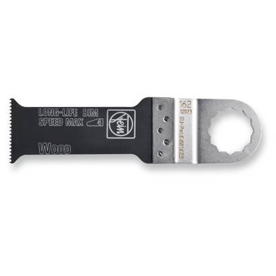Black and silver saw blade for oscillating tools with the inscription 'LONG-LIFE BIM SPEED MAX Wood'.