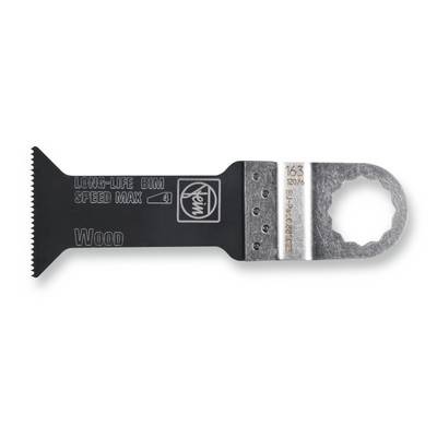 Saw blade for oscillation tool, suitable for woodworking, with the inscription 'LONG-LIFE BIM SPEED MAX' and 'Wood'.