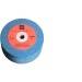A blue grinding wheel with a red label in the centre, placed on a white surface.
