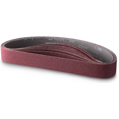 A red abrasive ribbon in an oval shape lies on a white background. It is used for sanding surfaces.