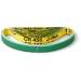 Green and yellow tape measure with centimetre and inch scales, rolled up and partially unrolled.