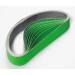 Green abrasive sanding belt stack with multiple layers, rolled up and arranged side by side.