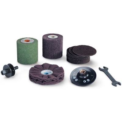 Tool set with grinding wheels, polishing discs, a disc holder and a spanner. Suitable for grinding and polishing work.