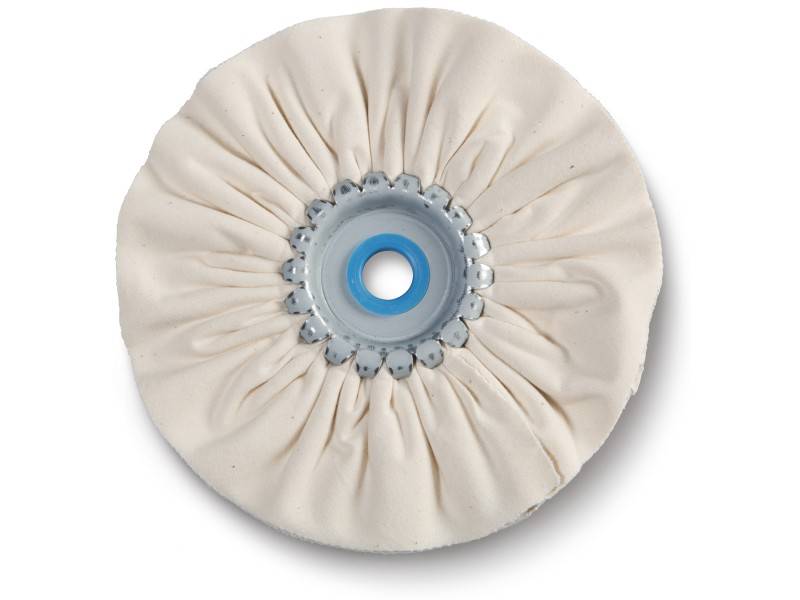 A round, white polishing pad with a folded surface and a blue plastic centre. Ideal for smoothing and polishing surfaces.