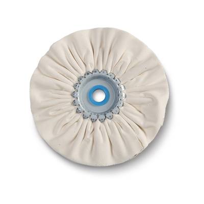 A round, white polishing pad with a folded surface and a blue plastic centre. Ideal for smoothing and polishing surfaces.