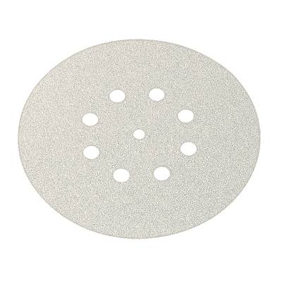 A round piece of sandpaper with eight symmetrically arranged holes in the centre.