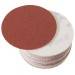 Round, red sandpaper attachment on a stack of white attachments. Suitable for sanding work in workshops or at home.