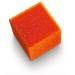 A red, cube-shaped sponge on a white background.