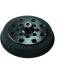 Black wheel with multiple small holes for mounting purposes. Usable on office chairs or other furniture with castors.