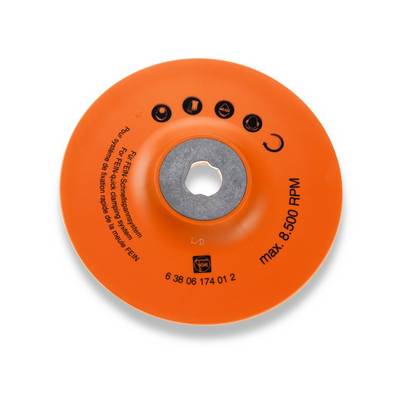 Orange polishing pad with grey centre, markings and symbols, labelled as 'max. 8500 RPM'.