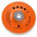 An orange grinding disc with a central metal hole, surrounded by black symbols and text.