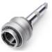 A silver metal component, possibly a machine part or a shaft, with multiple rings and a cylindrical section.