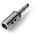 A metallic, cylindrical adapter with multiple holes, angled diagonally to the right, used in technical applications.