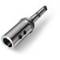 A metallic, cylindrical adapter with multiple holes, angled diagonally to the right, used in technical applications.