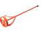 A red mortar mixer with a long handle and circular mixing paddle, set against a white background.