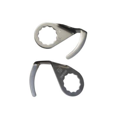 Two silver metal parts with serrated holes, likely bottle openers, are lying side by side on a white background.