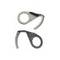 Two silver bottle openers with curved handles, arranged one above the other.