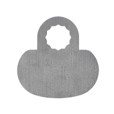 An oval metal component with a rounded top and a serrated cut-out in the centre.