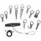 13 metal tent pegs and a black tension strap with cord and clip, designed for camping and outdoor activities.