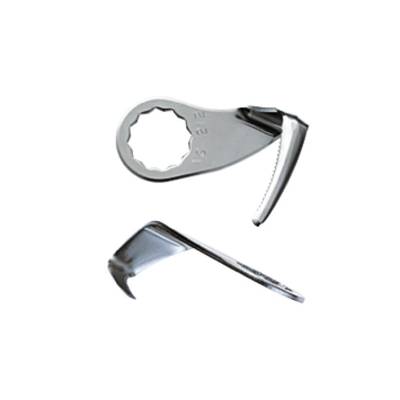 Two silver bottle openers, one with a serrated edge, the other flat. They are lying side by side on a white background.