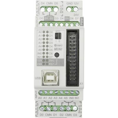 An electrical control unit with connections and USB port. Labels: 'D0-D13', 'A0-A5', 'GND', '12V', 'OVL', 'RST'.