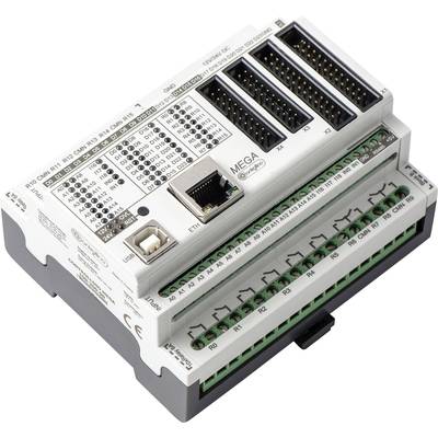 An electronic control unit, possibly a PLC, with multiple connection options and labels for use in an electrical control cabinet.