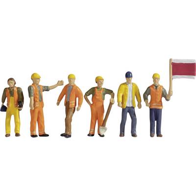Several miniature figures of construction workers in orange workwear and yellow hard hats stand in a row. One worker is holding a flag.