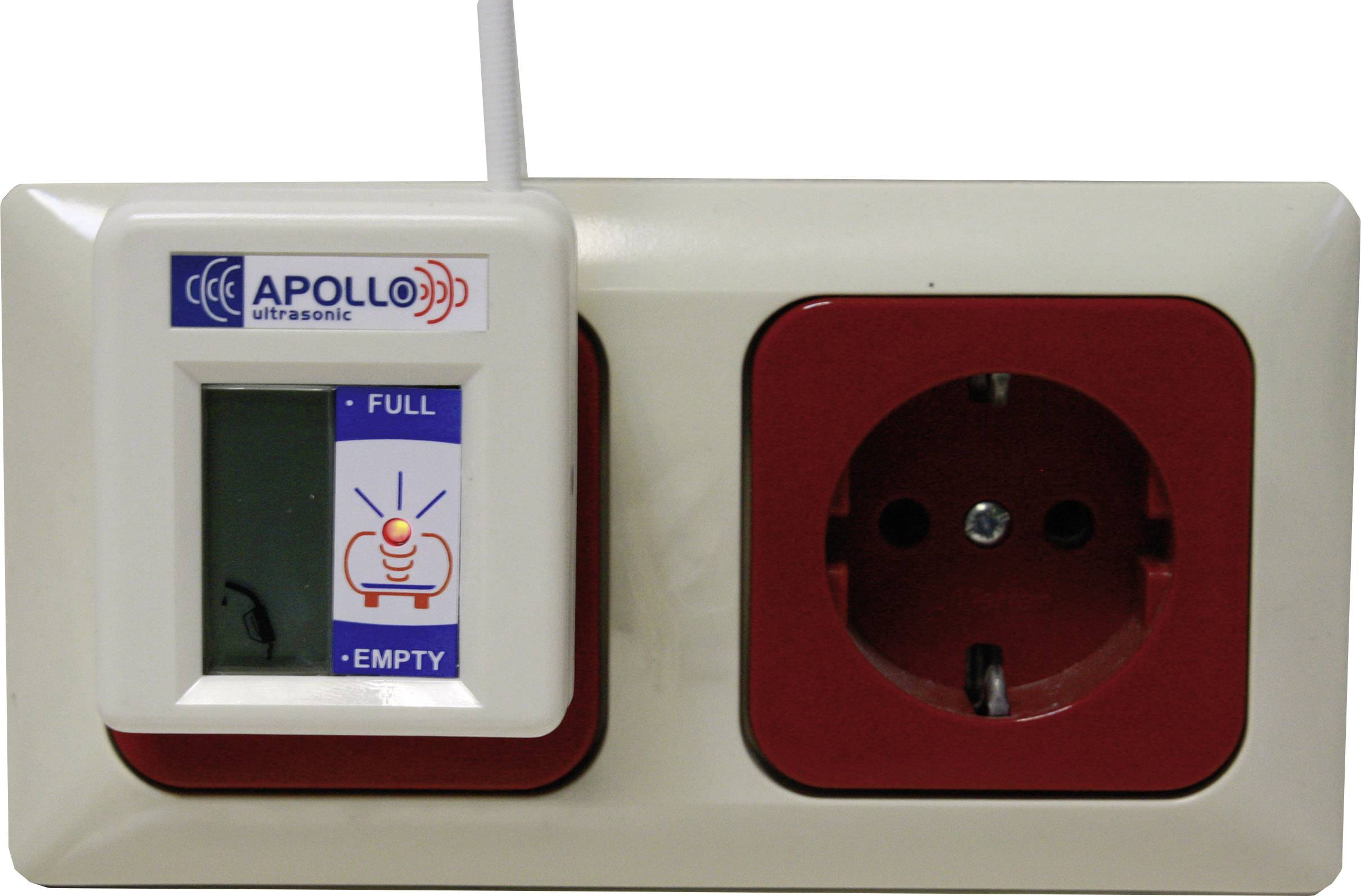 A power socket with a connected device that indicates the level of a container. The screen displays 'EMPTY'.